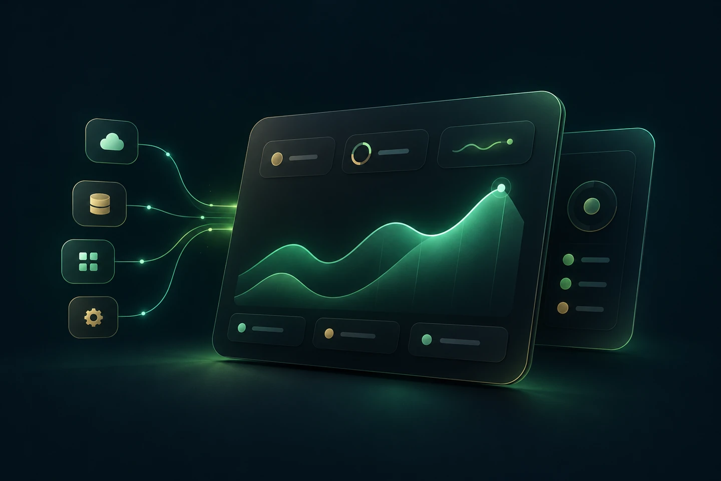 Panel digital oscuro con una curva verde ascendente y conexiones entre herramientas, ilustración conceptual sin métricas